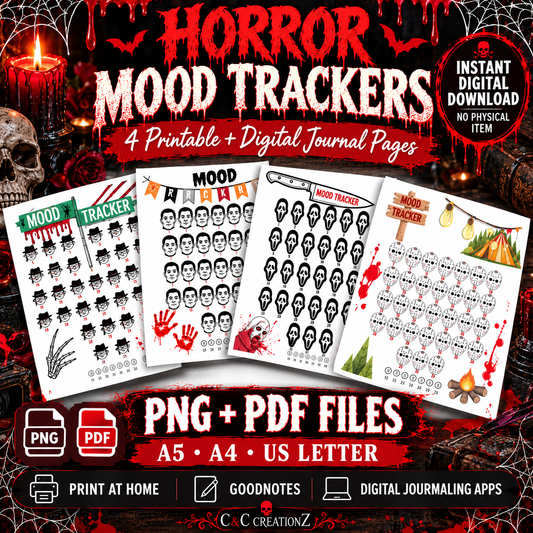 Horror mood tracker printable and digital journal pages PNG PDF A5 A4 US Letter for Goodnotes