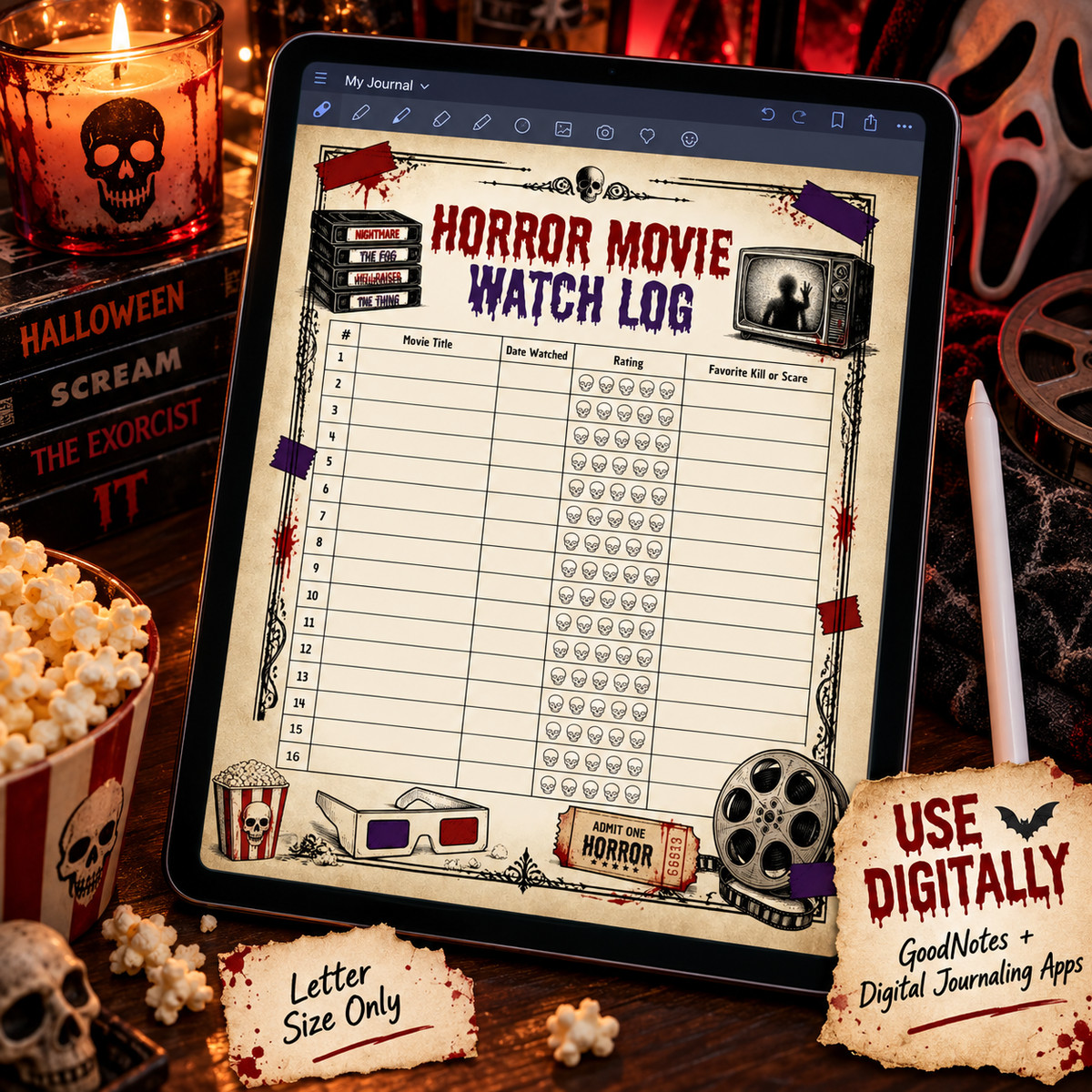 Horror Movie Watch Log displayed digitally on an iPad style tablet for GoodNotes and digital journaling, Letter size only