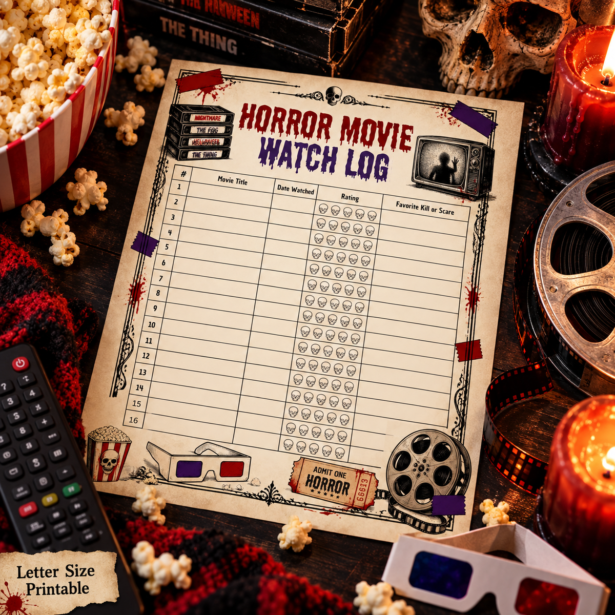 Horror Movie Watch Log Letter size printable lifestyle image with popcorn, film reel, remote, candles, and horror movie props