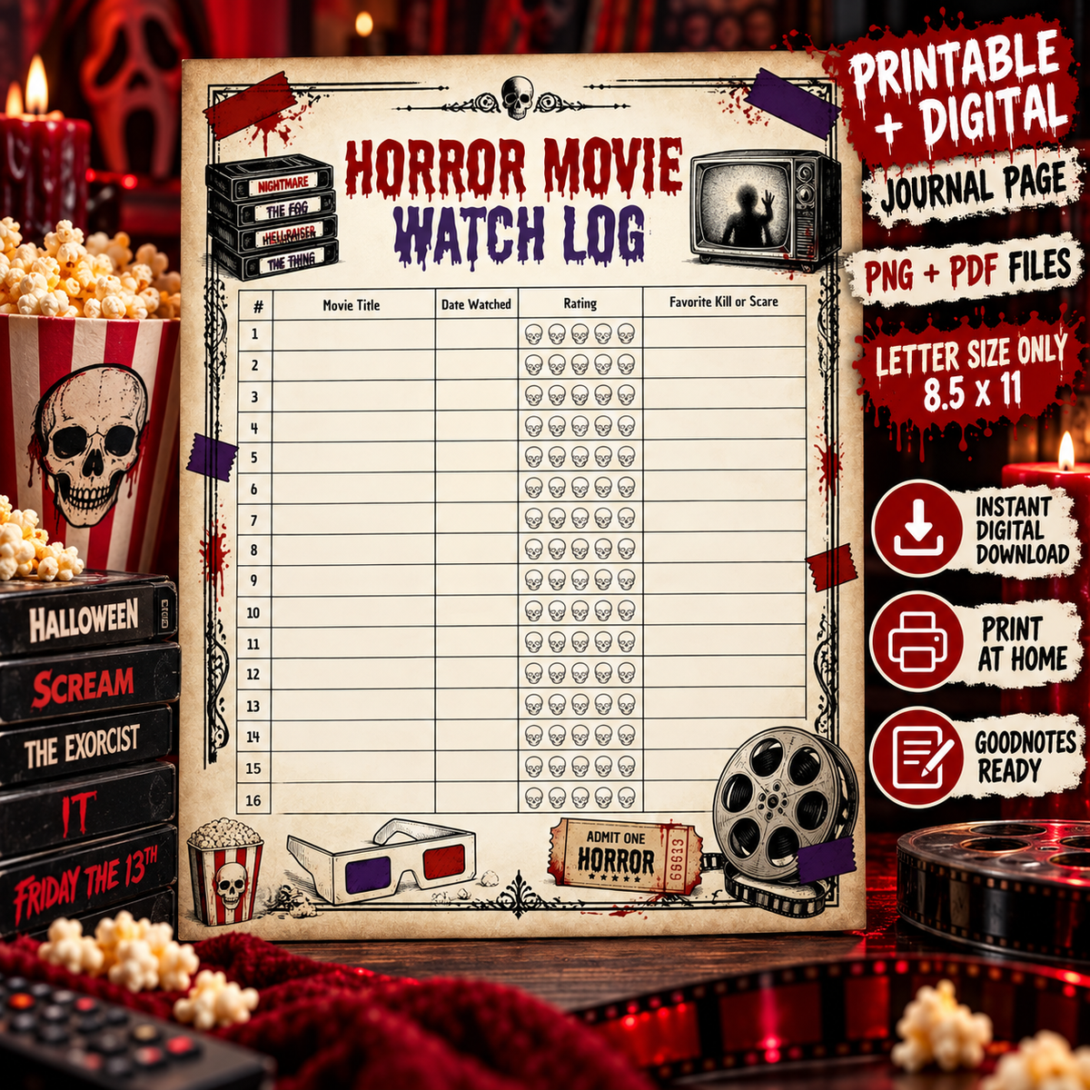 Horror Movie Watch Log printable and digital journal page with PNG and PDF files, Letter size only, instant download, print at home, and GoodNotes use