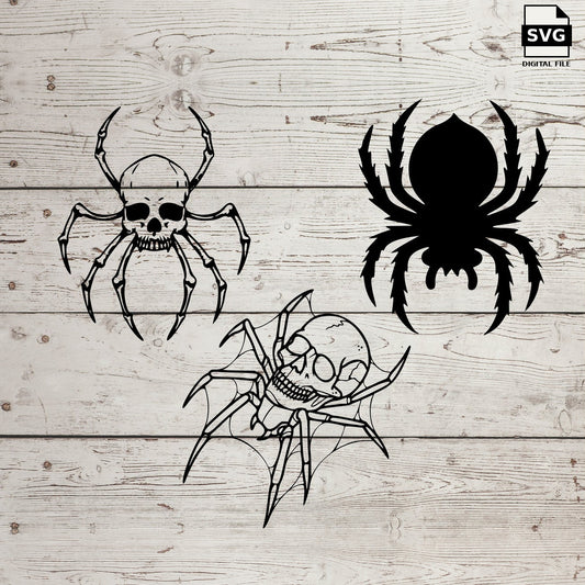 Three horror spider designs including a skull spider. SVG digital download preview.