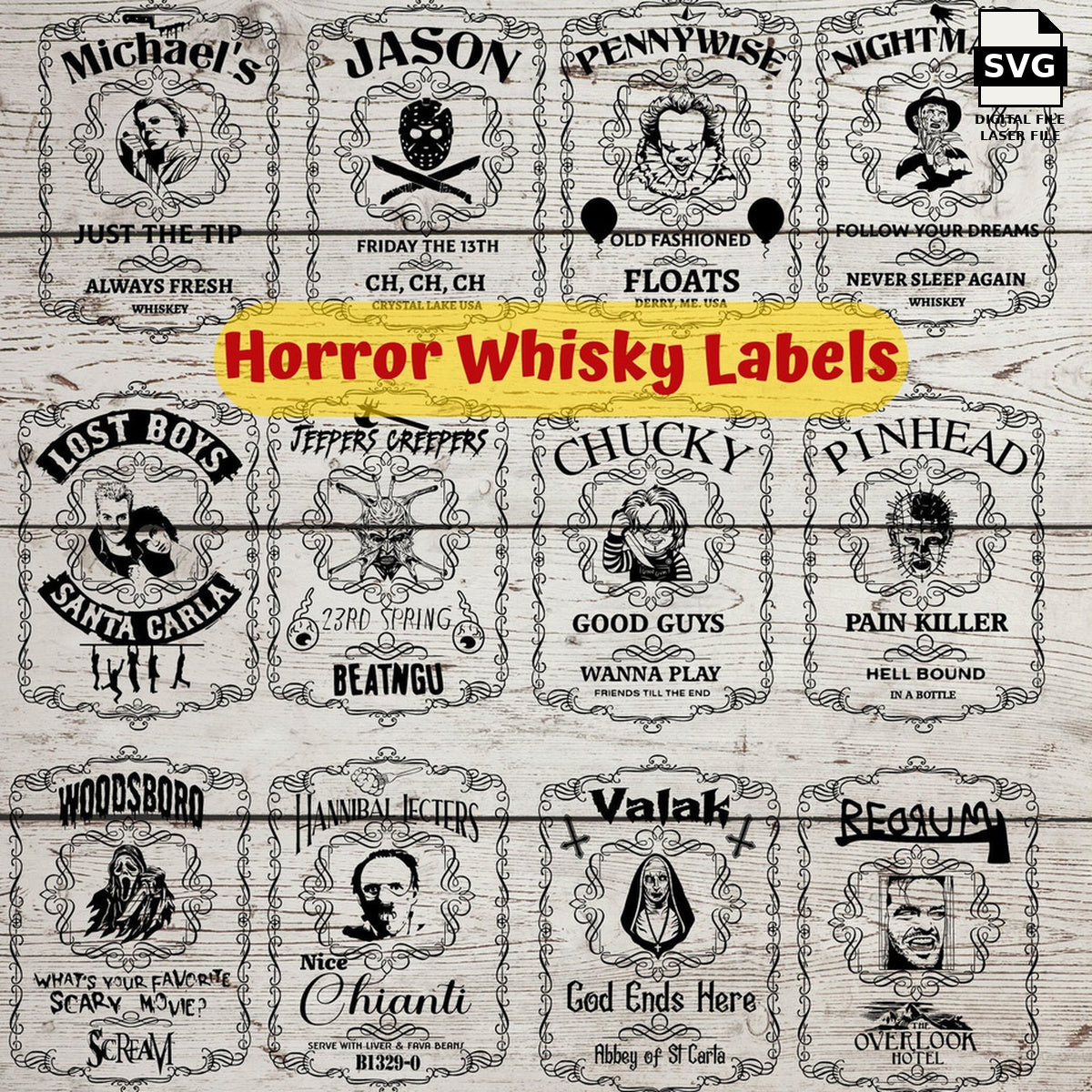 Twelve ornate horror whiskey flask label designs. SVG digital download preview.