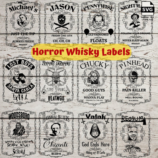 Twelve ornate horror whiskey flask label designs. SVG digital download preview.