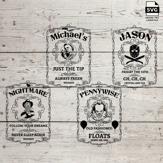 Four ornate horror whiskey labels featuring Michael Myers, Jason, Freddy and Pennywise. SVG digital download preview.
