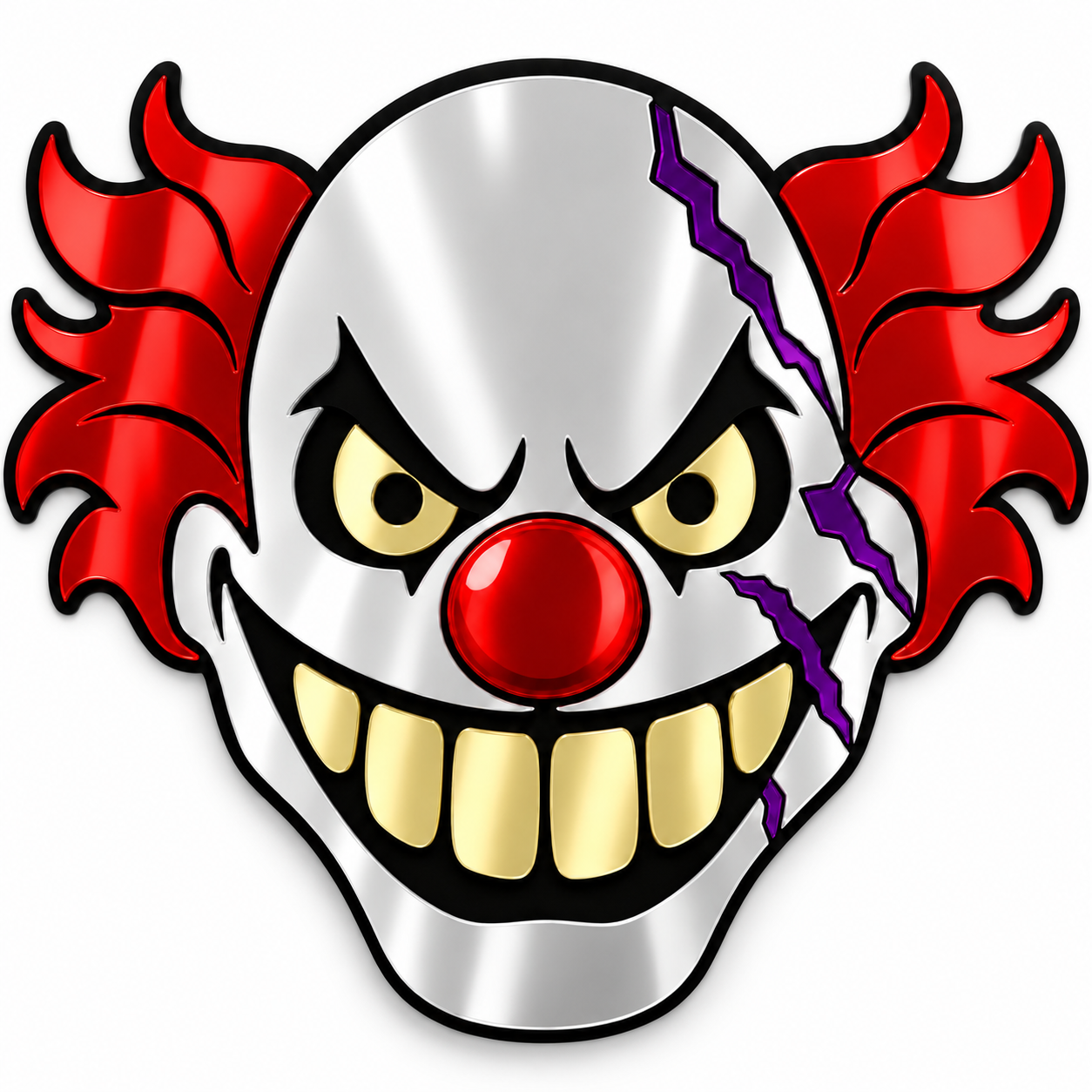 A stylized metallic silver clown head graphic with red hair, a red nose, yellow eyes and teeth, and purple cracks on a white background.