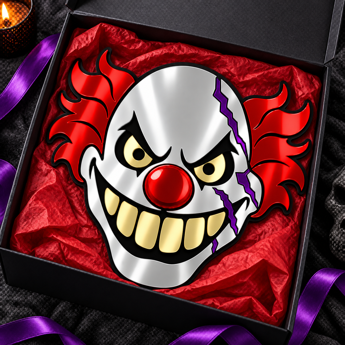 A square metal tin lid featuring a stylized, menacing clown face with red hair, a red nose, and a wide grin, presented in an open black gift box lined with red tissue paper.