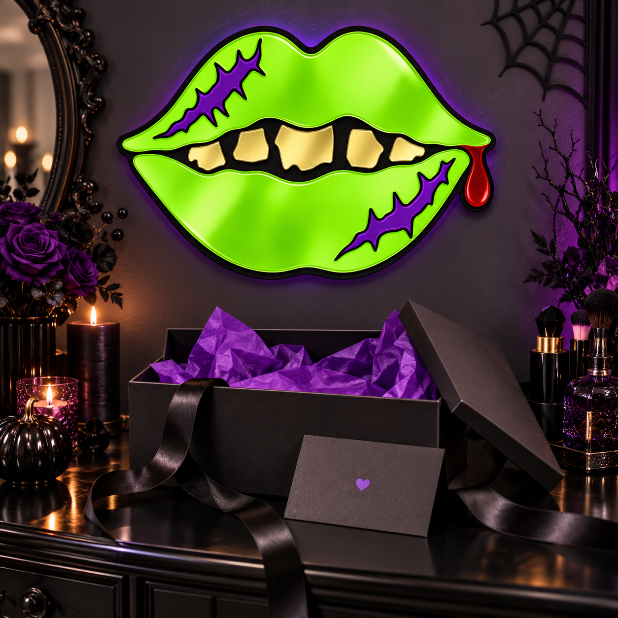 Monster mouth horror mirror displayed with black gift box and purple tissue