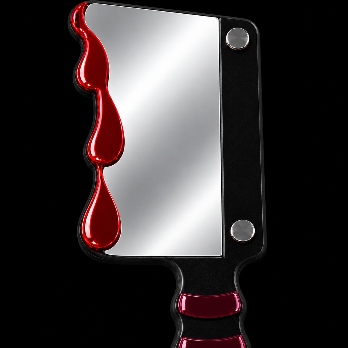 A novelty cleaver-shaped hand mirror with a reflective silver blade, a glossy black handle, and dripping red blood effects along the left side, set against a solid black background.