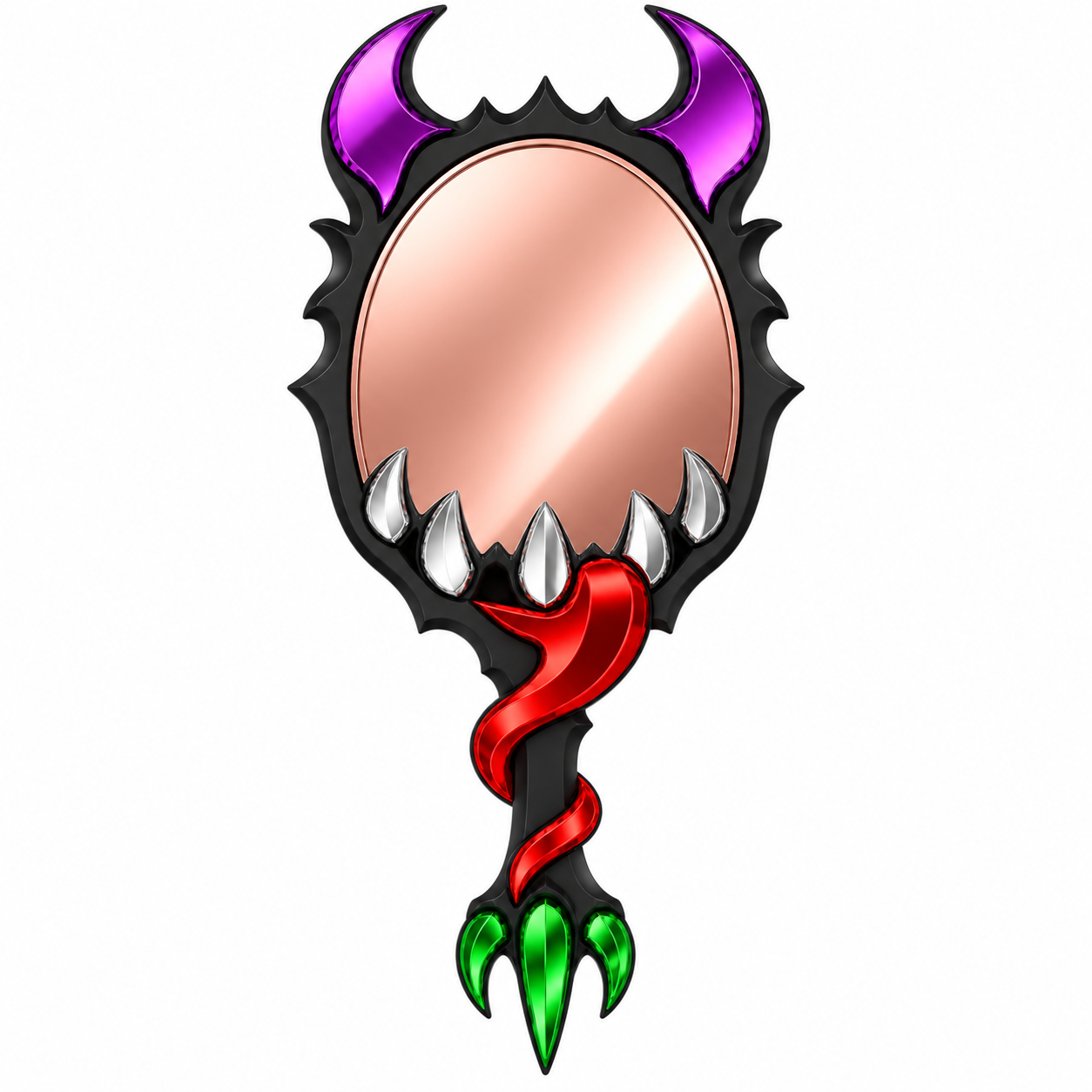 Demon mouth horror mirror with purple horns, silver fangs and red tongue
