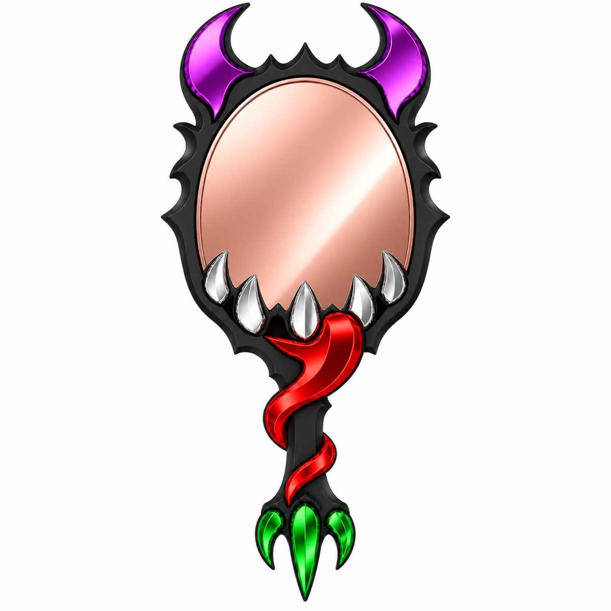 Demon mouth horror mirror with purple horns, silver fangs and red tongue