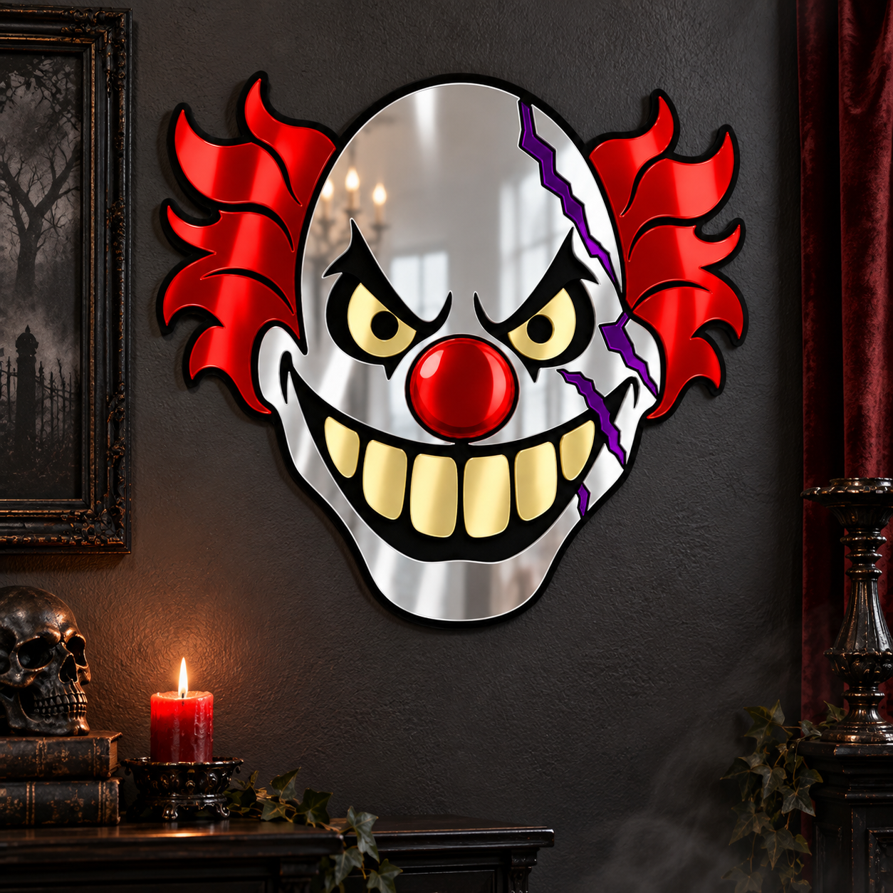 A decorative wall mirror shaped like a stylized clown face, shown mounted on a dark wall in a moody room. The mirror reflects a warm interior scene, with red hair, a red nose, yellow teeth, and purple crack details on a silver mirrored surface.
