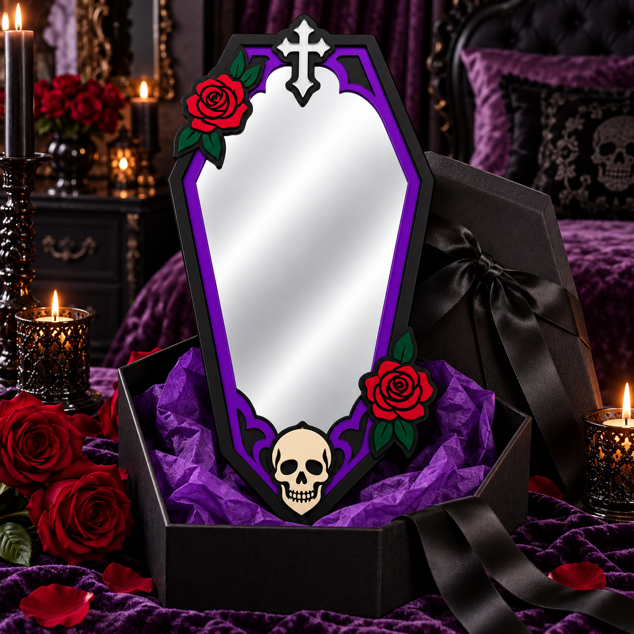 A coffin-shaped mirror with a purple and black frame, decorated with red roses and a skull at the bottom, displayed in an open black gift box lined with purple tissue paper. The scene is styled with red roses, black candles, and a dark purple velvet bed in the background.
