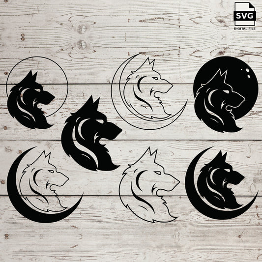 Six howling wolf and crescent moon designs on a wood background. SVG digital download preview.