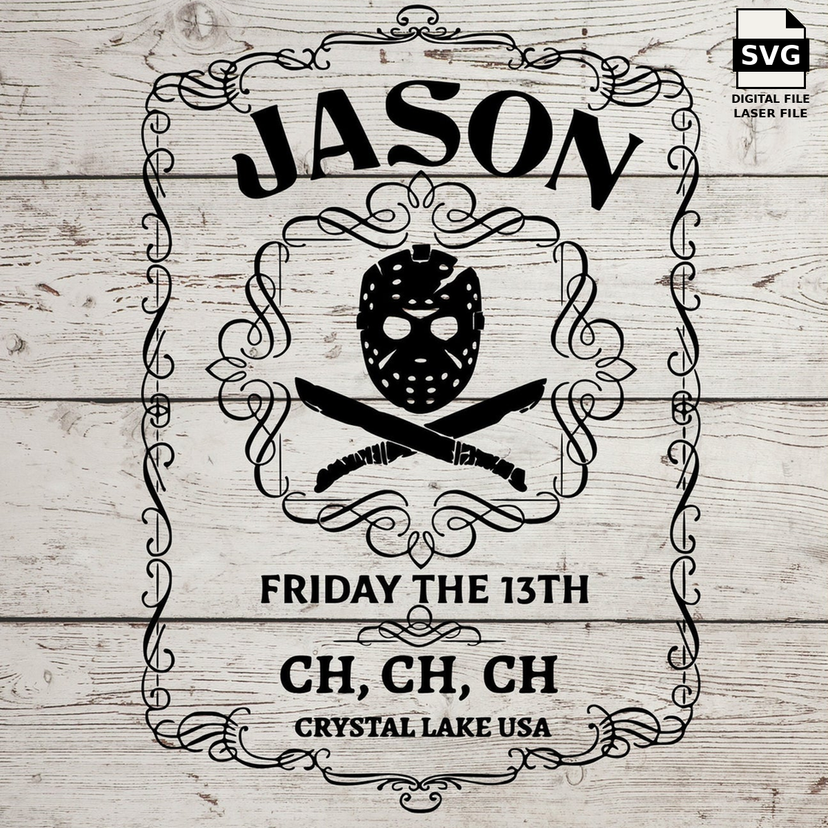 Jason whiskey label with a hockey mask, crossbones and ornate border. SVG digital download preview.