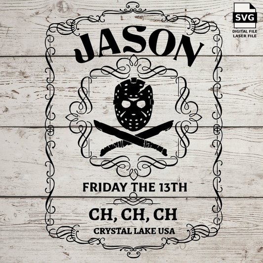 Jason whiskey label with a hockey mask, crossbones and ornate border. SVG digital download preview.