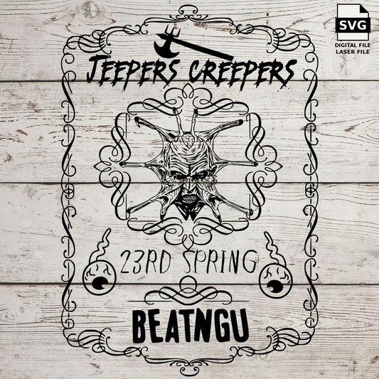 Jeepers Creepers whiskey label with BEATNGU lettering. SVG digital download preview.