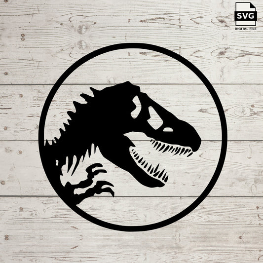 Dinosaur skeleton head inside a circular Jurassic-style emblem. SVG digital download preview.