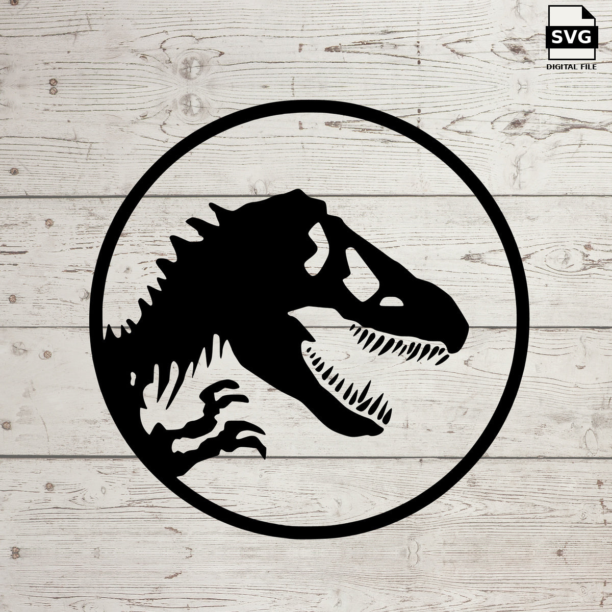 Jurassic Park-style dinosaur skull silhouette SVG inside a circle on whitewashed wood, labeled SVG digital file.