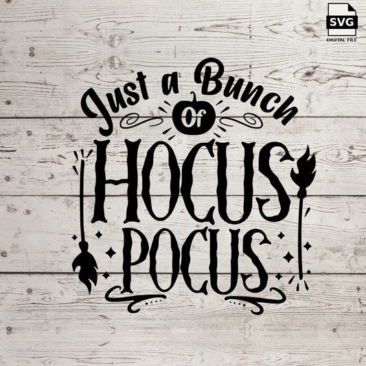 Just a Bunch of Hocus Pocus lettering with hanging Halloween motifs. SVG digital download preview.
