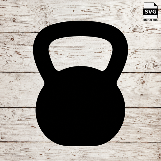 Kettle Bell SVG digital file design on whitewashed wood with SVG Digital File badge in the top-right corner.