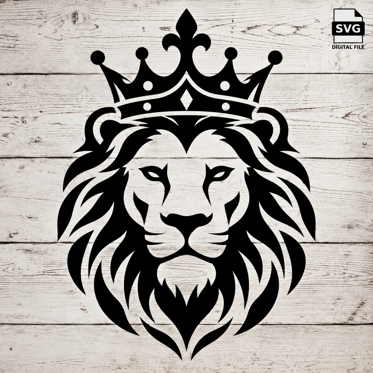 King Lion Simple SVG digital file design on whitewashed wood with SVG Digital File badge in the top-right corner.