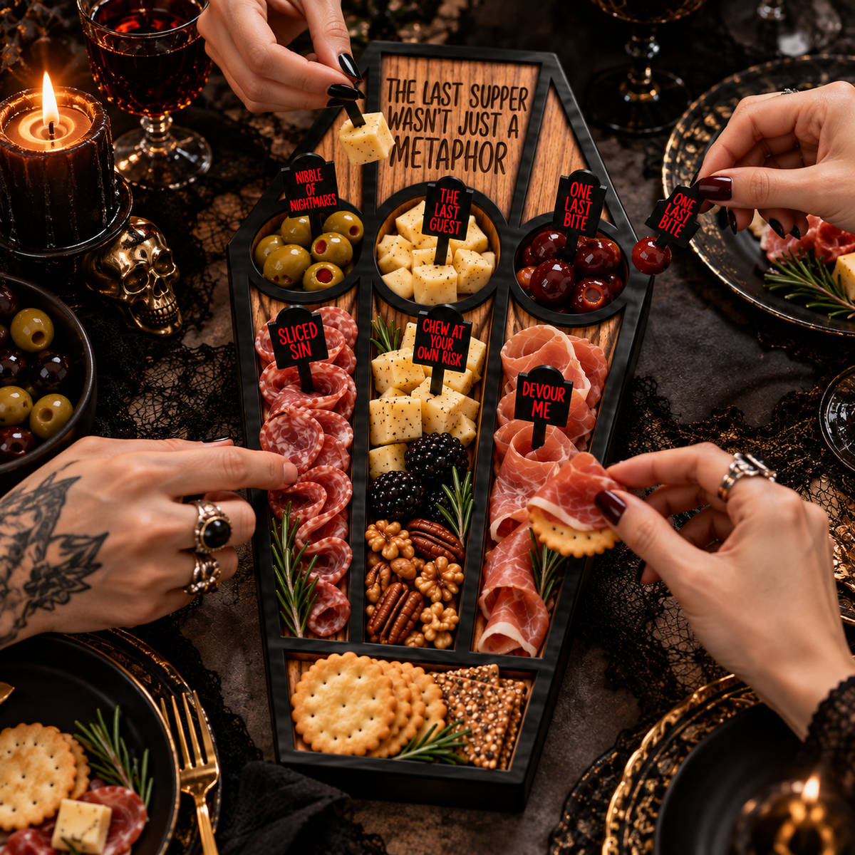 Horror coffin charcuterie board being used at a gothic gathering with acrylic food picks in cheese, olives and meats