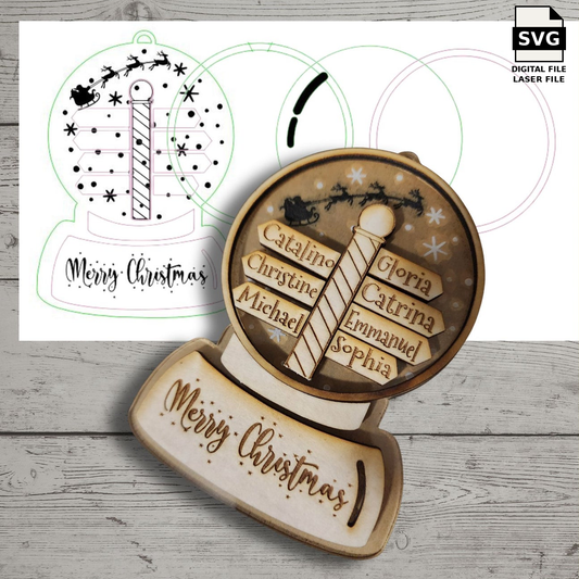 Layered wooden snow globe shaker ornament with family names and design outlines. SVG digital download preview.
