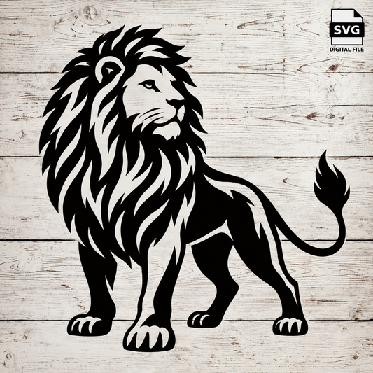 Lion Full Body SVG digital file design on whitewashed wood with SVG Digital File badge in the top-right corner.