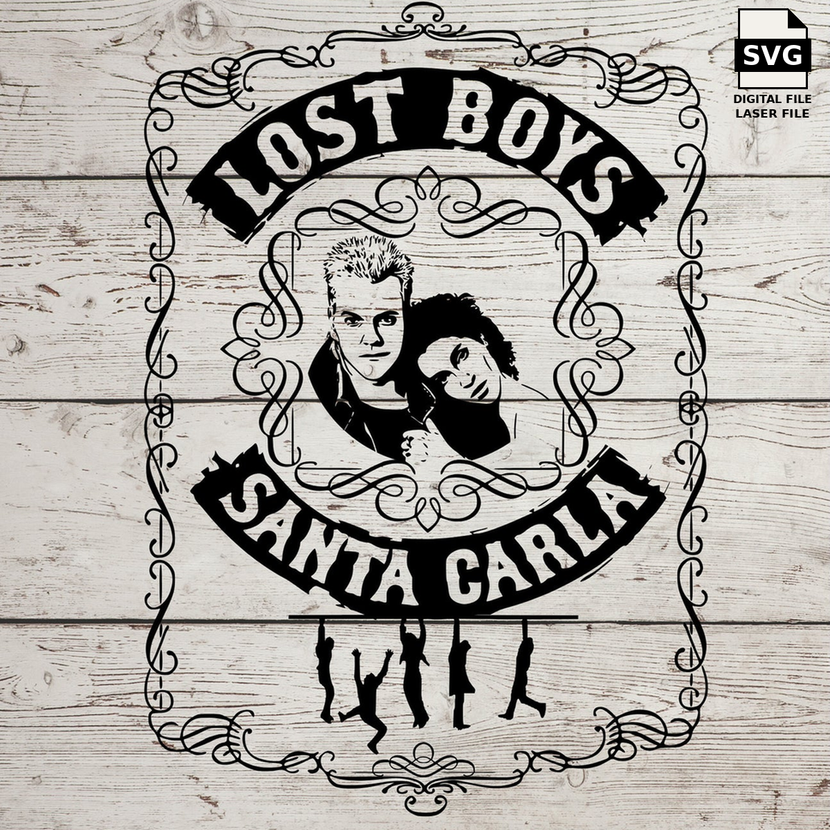 Lost Boys Santa Carla whiskey label with vampire portraits. SVG digital download preview.