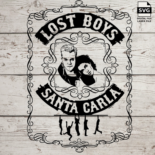 Lost Boys Santa Carla whiskey label with vampire portraits. SVG digital download preview.