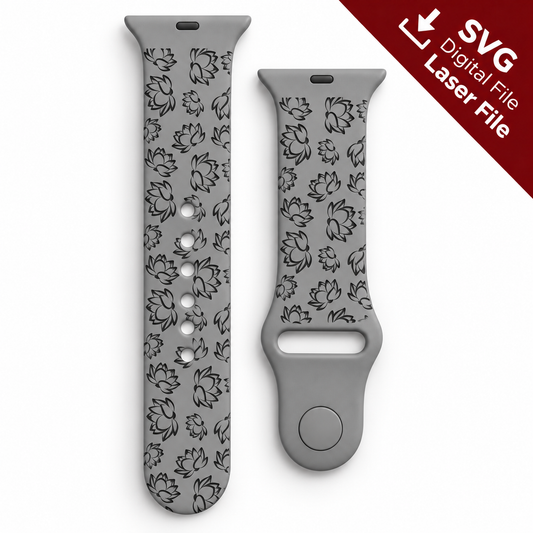 Lotus Flower watch band SVG laser engraving file shown as a finished engraved gray silicone watch band mockup