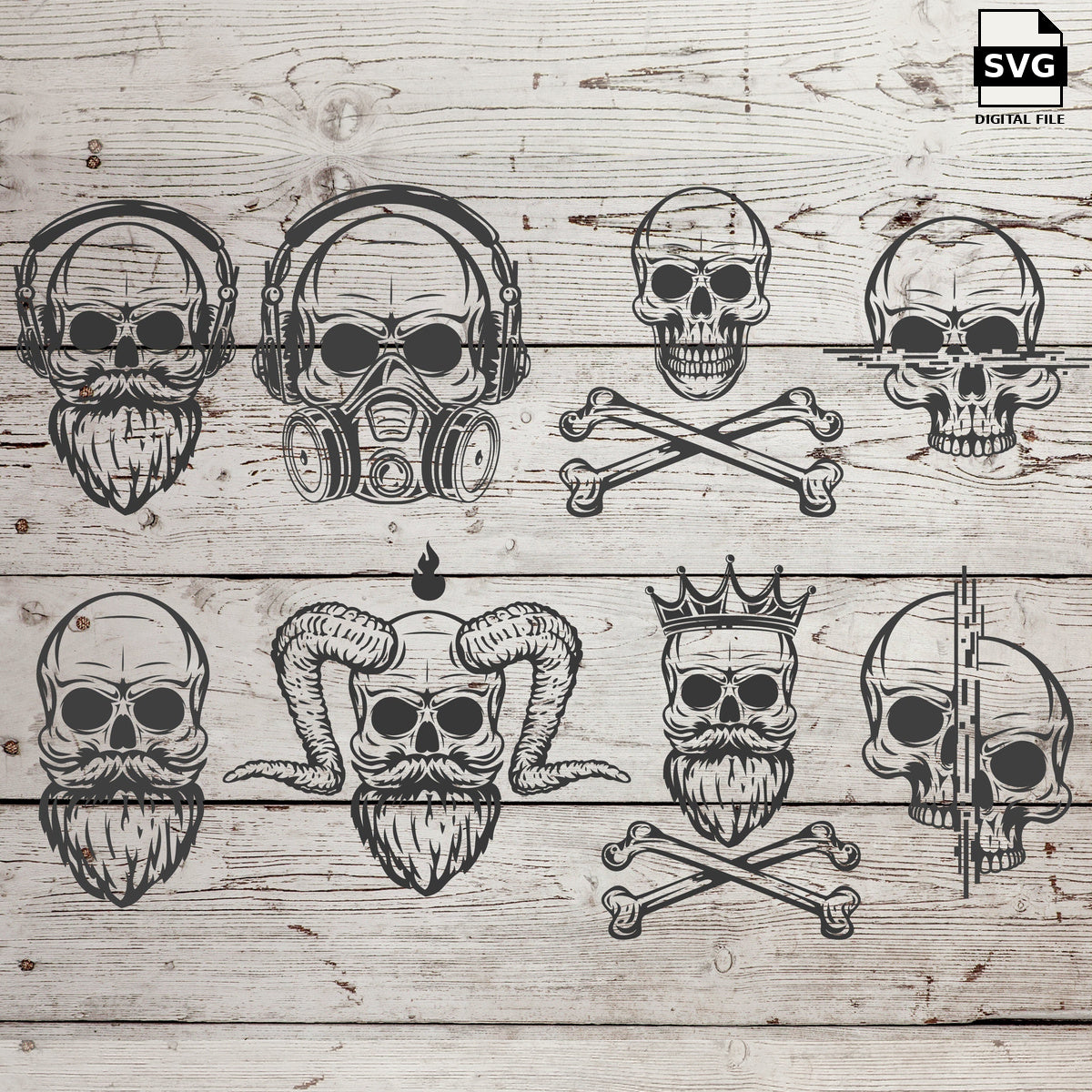Manly skull tattoo art bundle. SVG digital download preview.