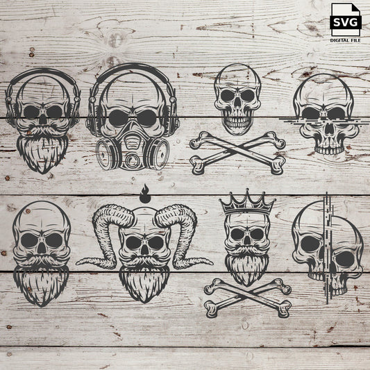 Manly skull tattoo art bundle. SVG digital download preview.