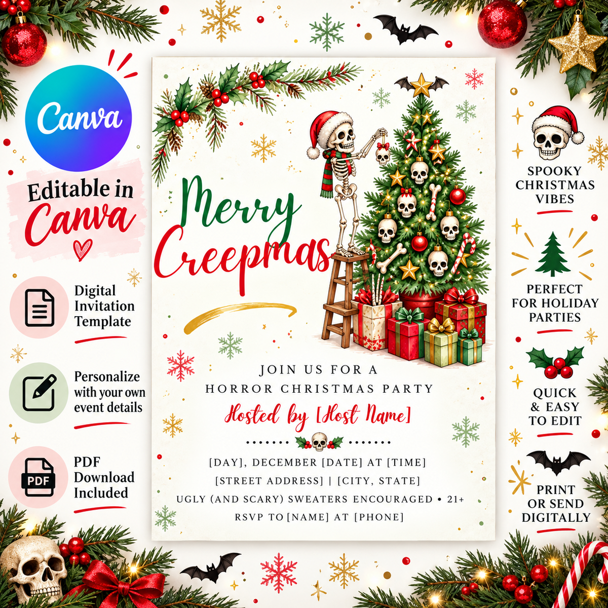 Merry Creepmas editable horror Christmas party invitation template in Canva with PDF download details