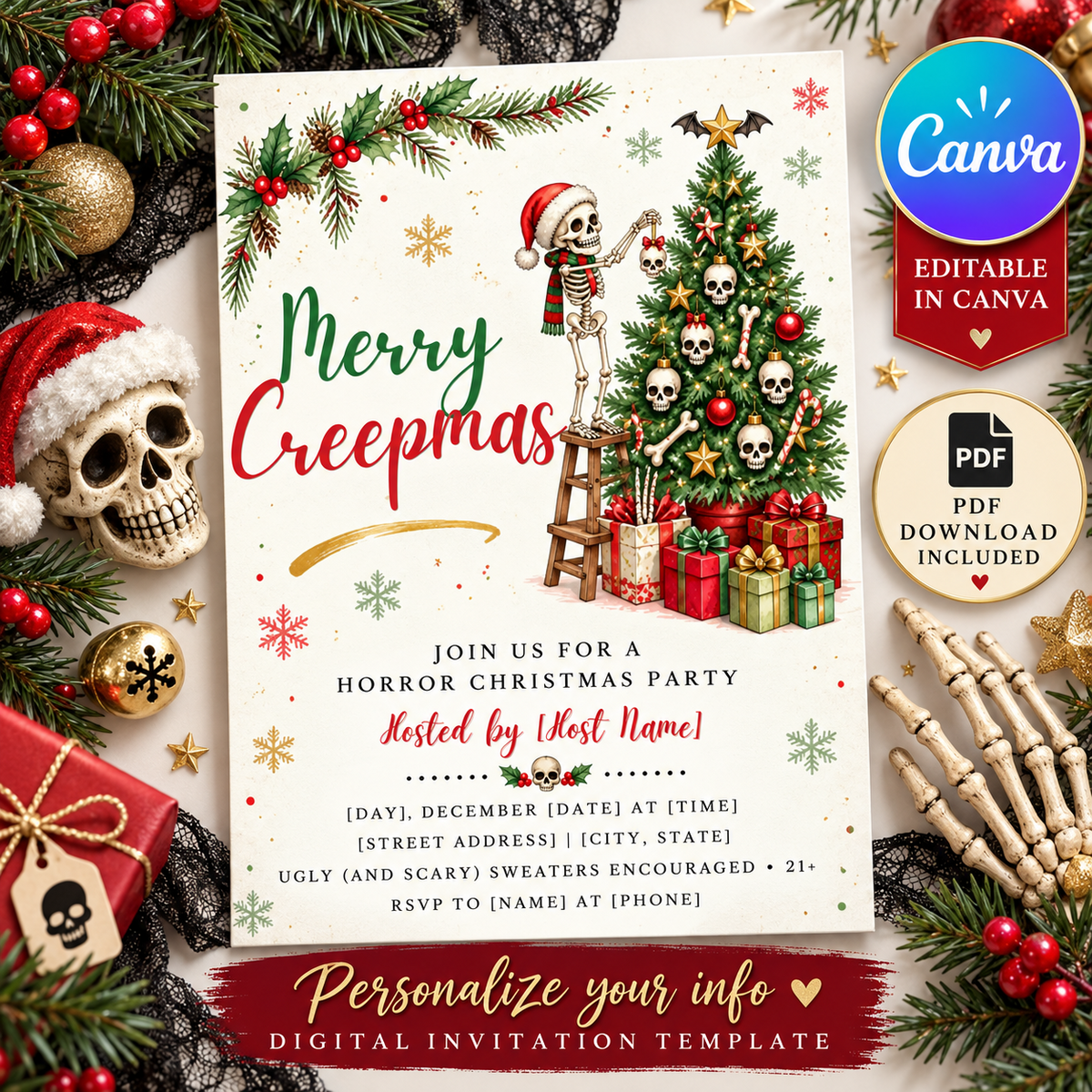 Merry Creepmas horror Christmas invitation template with editable Canva and PDF download information