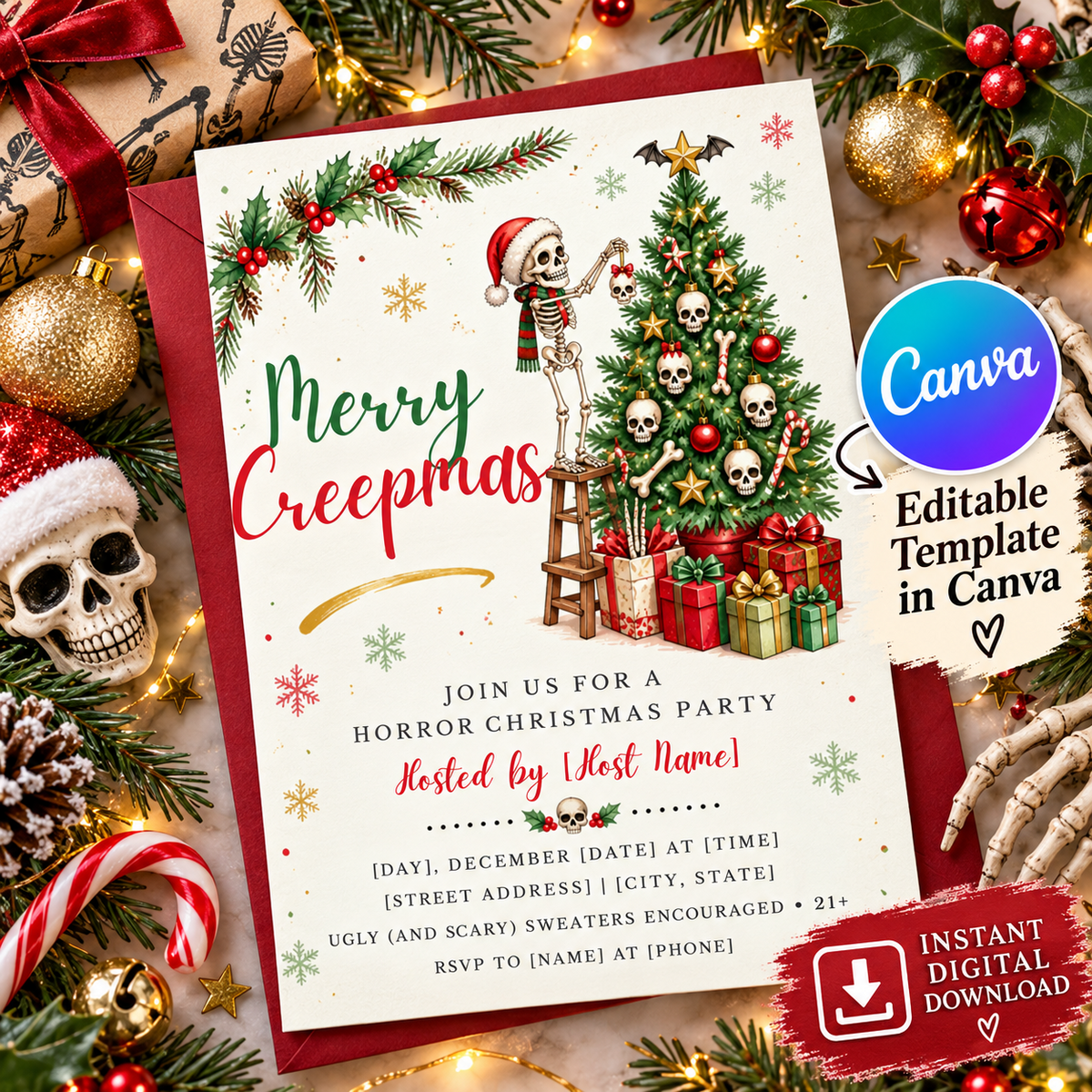 Merry Creepmas editable Canva horror Christmas party invitation with instant digital download information