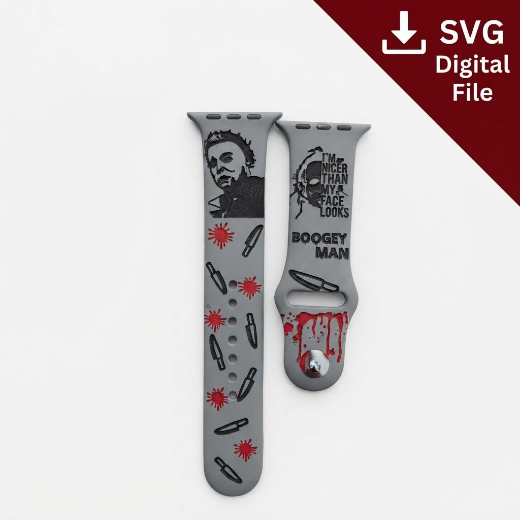 Michael Myers-Inspired Watch Band SVG – Horror Engraving File realistic engraved watch band mockup, SVG digital file