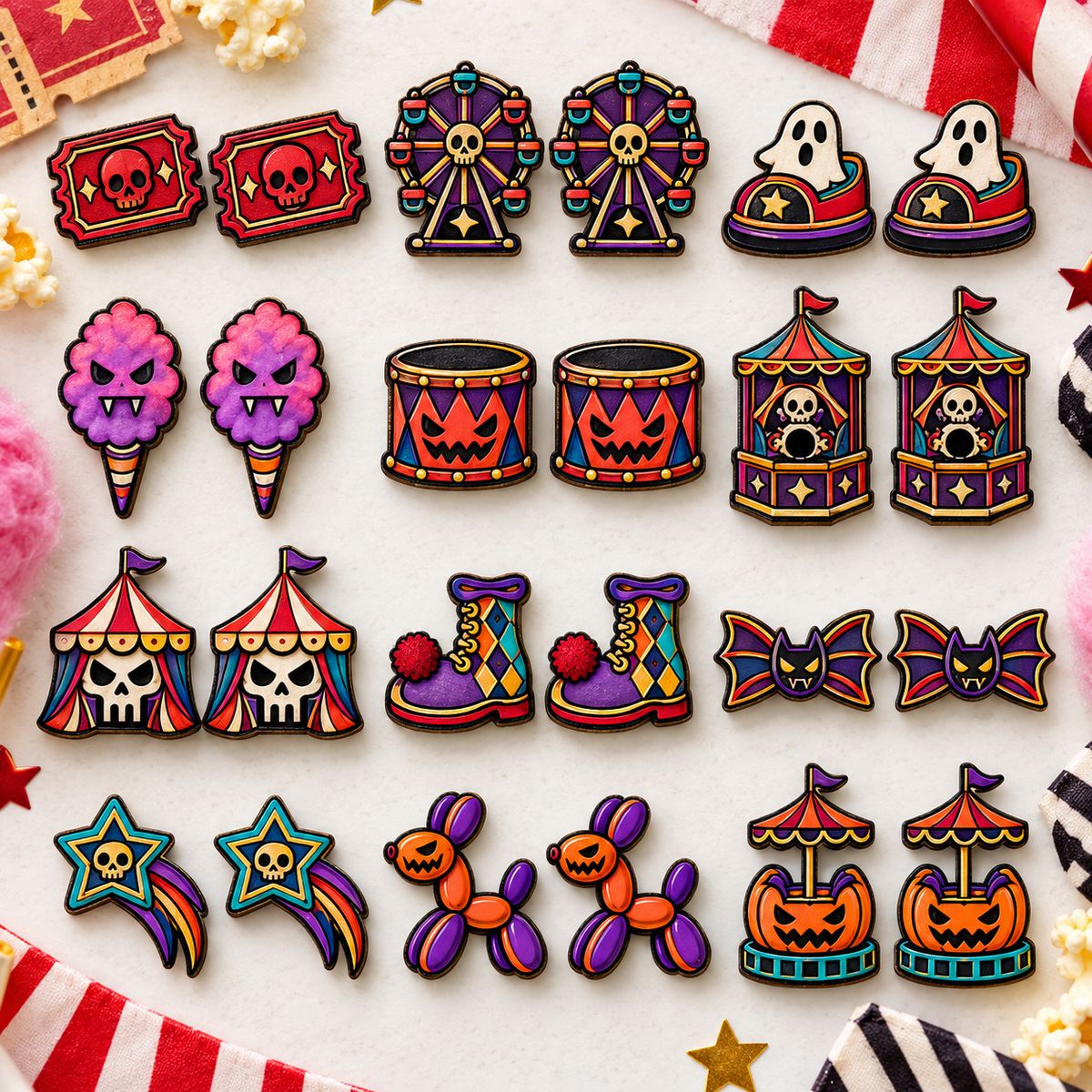 Colorful horror carnival stud earring SVG designs arranged in a flat lay