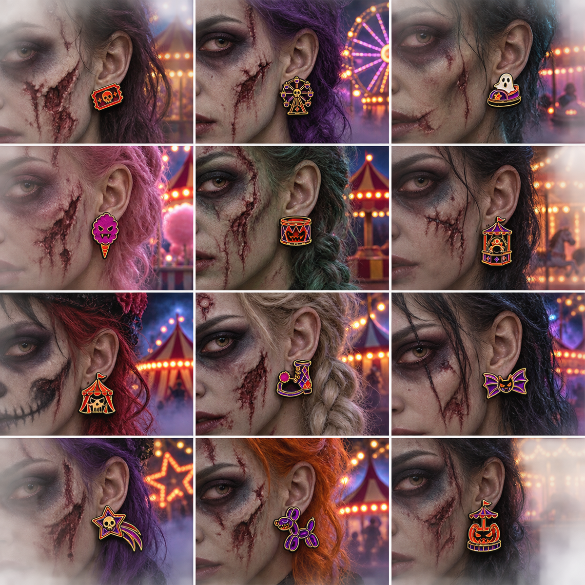 Lifestyle mockups of horror carnival stud earrings being worn