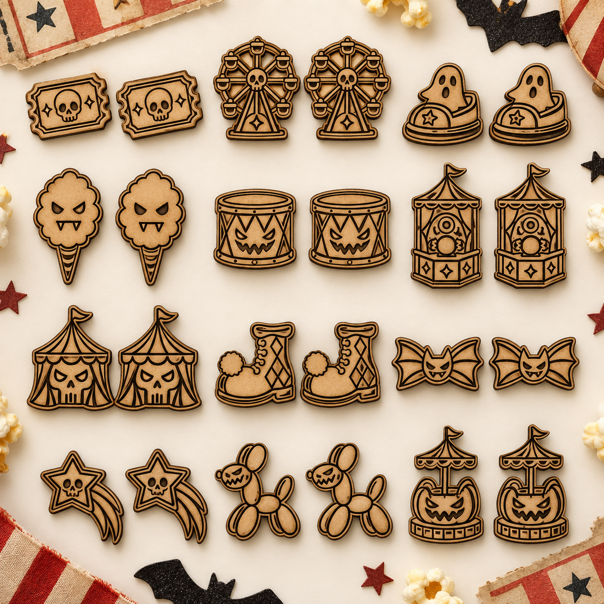 Laser cut wood mockup of the Midnight Midway horror carnival stud earring designs