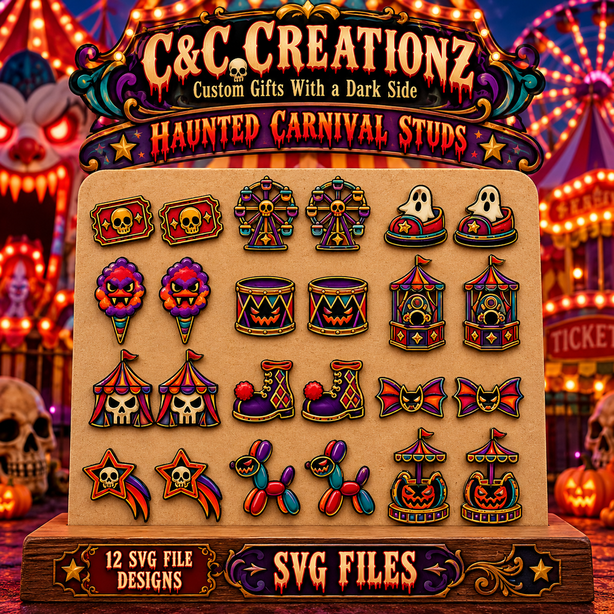 C&C Creationz Midnight Midway horror carnival stud earring SVG bundle cover with 12 laser cut designs