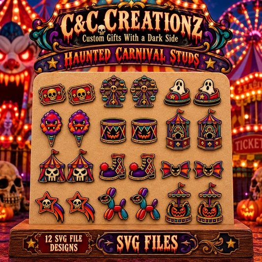 C&C Creationz Midnight Midway horror carnival stud earring SVG bundle cover with 12 laser cut designs