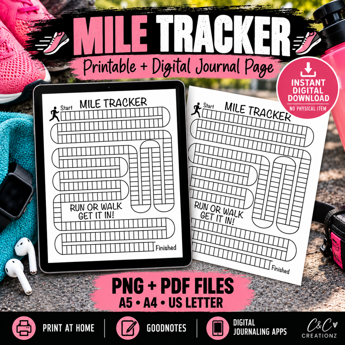 Mile tracker printable and digital running journal page PNG PDF A5 A4 US Letter for Goodnotes and digital journaling