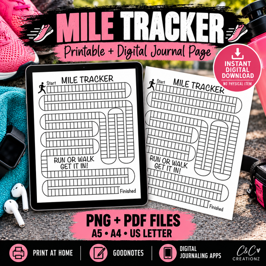 Mile tracker printable and digital running journal page PNG PDF A5 A4 US Letter for Goodnotes and digital journaling