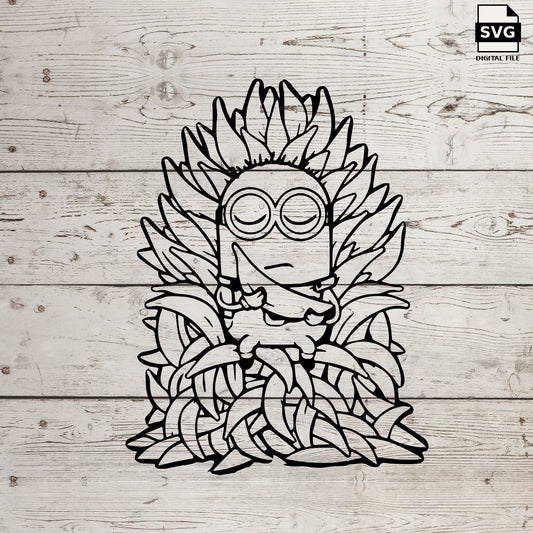Minion character seated among large leaves. SVG digital download preview.