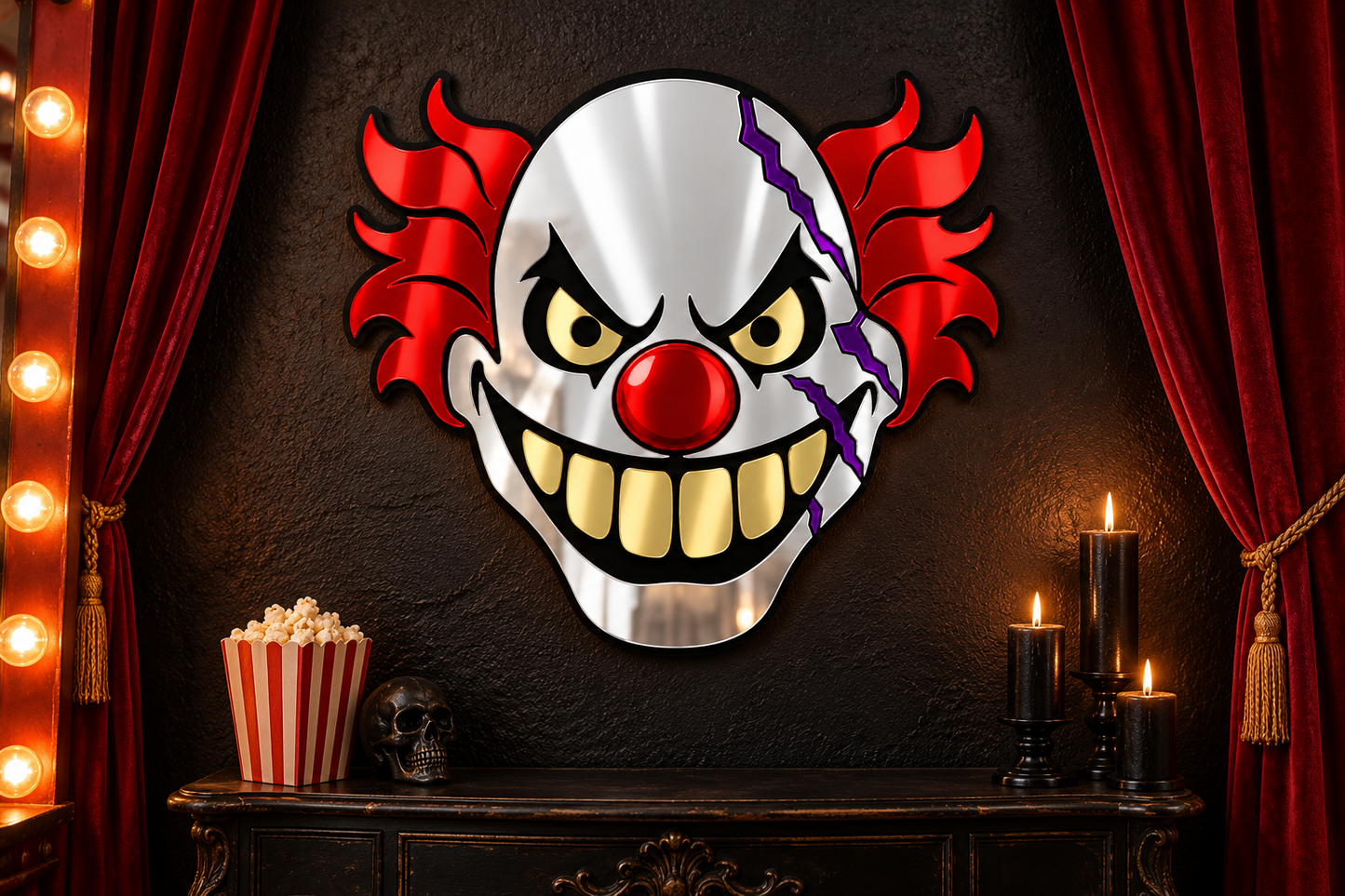 A stylized horror clown wall mirror art piece mounted on a dark textured wall, flanked by red curtains, with a popcorn bucket, skull, and lit candles below.