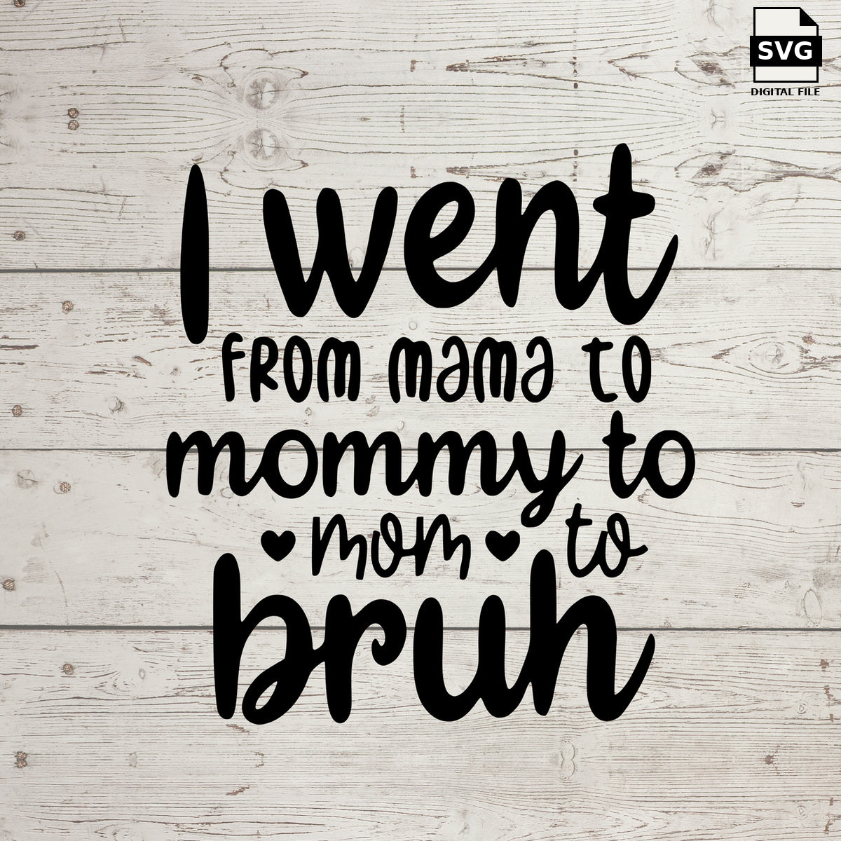 I went from mama to mommy to mom to bruh SVG lettering on whitewashed wood, labeled SVG digital file.