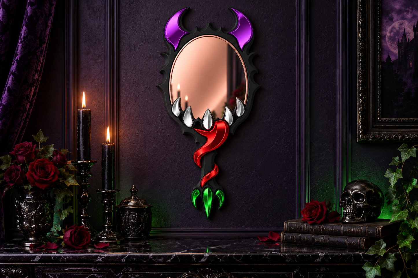 Full demon horror mirror with purple horns, red tongue and green claws