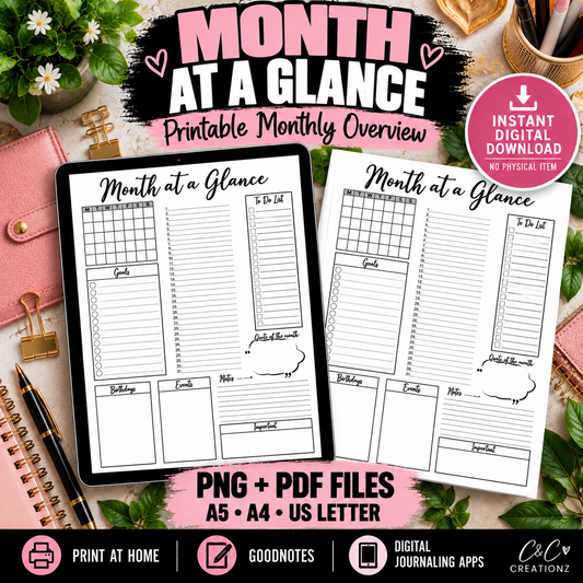 Month at a Glance planner printable and digital monthly overview PNG PDF A5 A4 US Letter for Goodnotes and digital journaling
