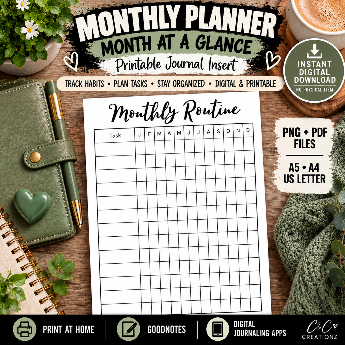 Monthly Planner Month at a Glance printable and digital journal insert PNG PDF A5 A4 US Letter for Goodnotes and digital journaling